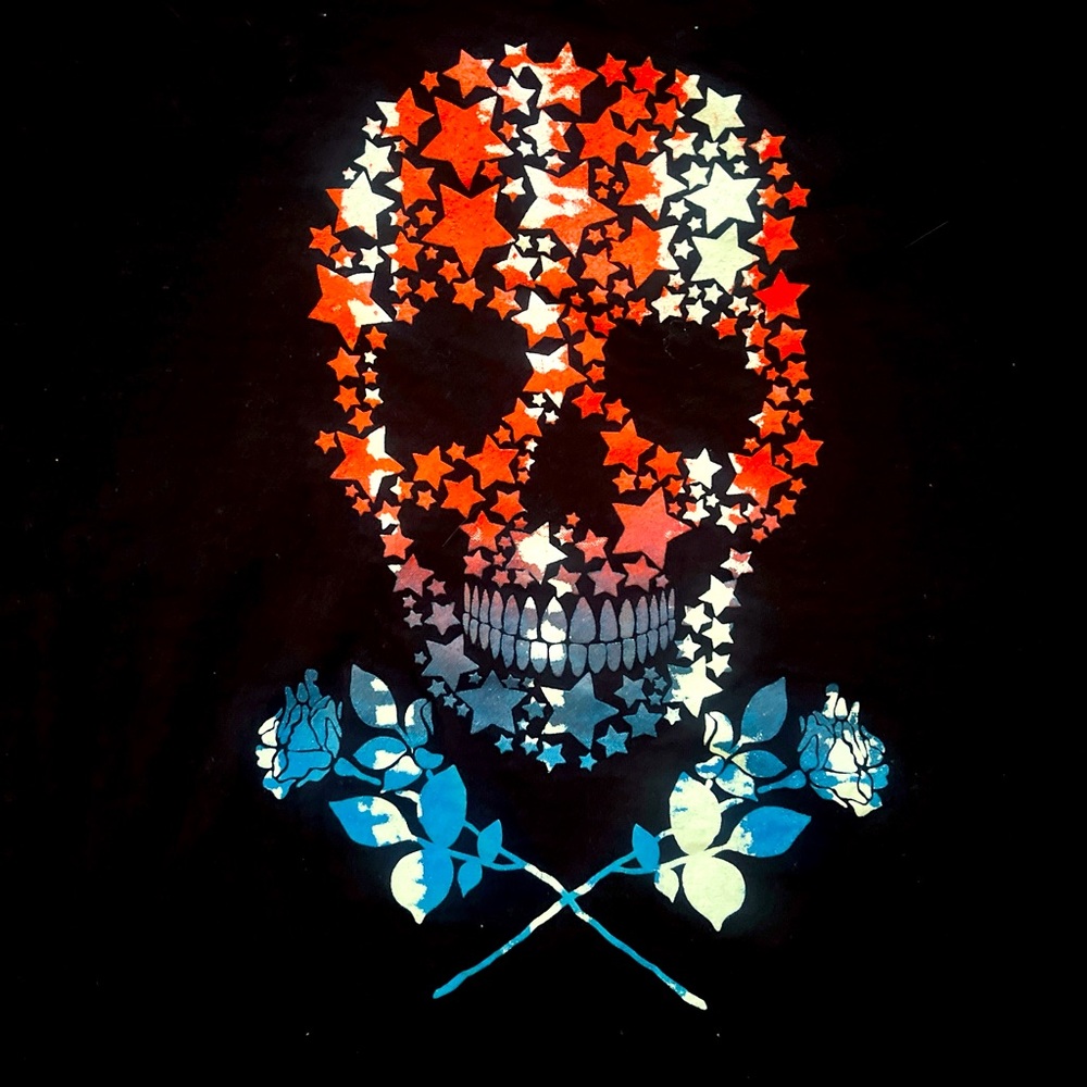 American Skull Black with Red Trim Stars Patriotic T-shirt P2P: 20” L: 24”